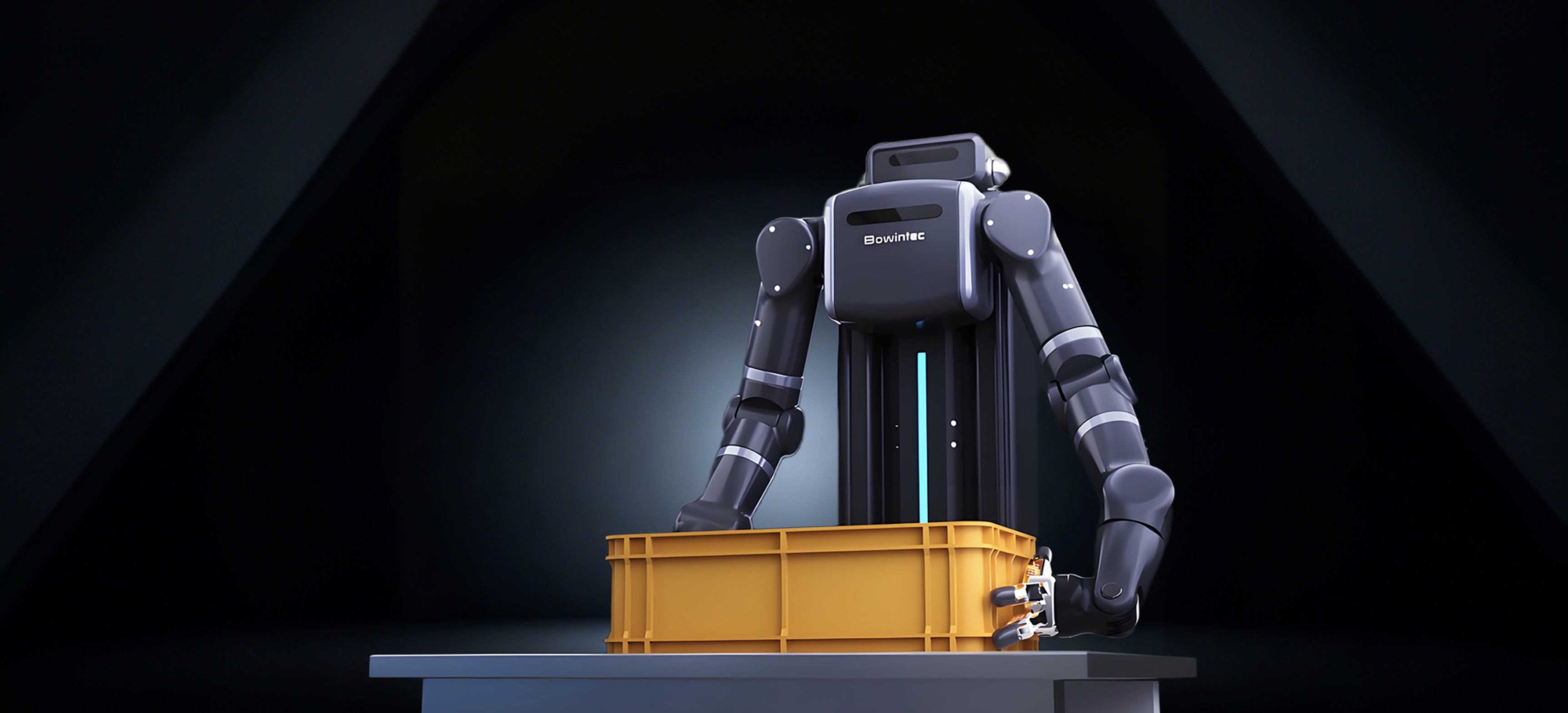 A Bowintec dual-arm robot reaching into an orange crate, in the RoboFab lab in Shanghai